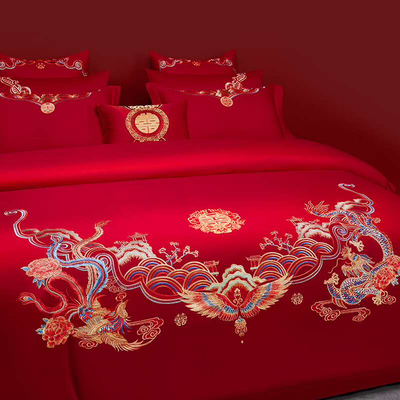 Boyang Home Textiles Wedding Four-Piece Set, Pure Cotton, Red, Traditional Embro...