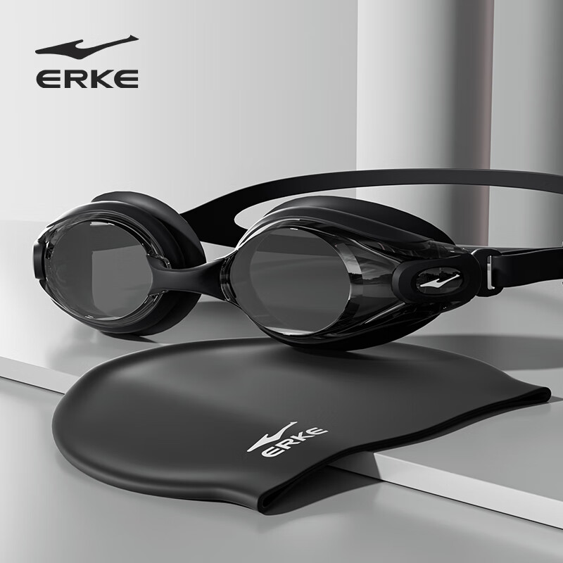 ERKE Men's Swimwear Set with Swim Trunks, Goggles, and Cap, Square Cut, Anti-emb...