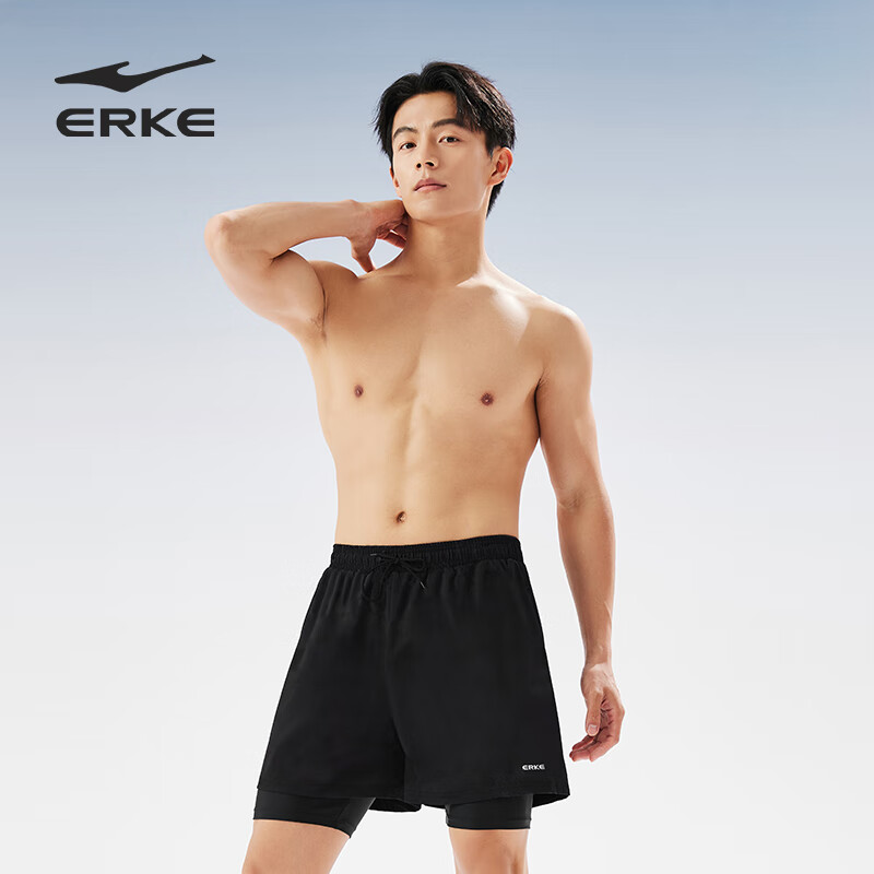 ERKE Men's Double-Layer Anti-Embarrassment Loose-Fit Quick-Dry Swim Trunks Beach...