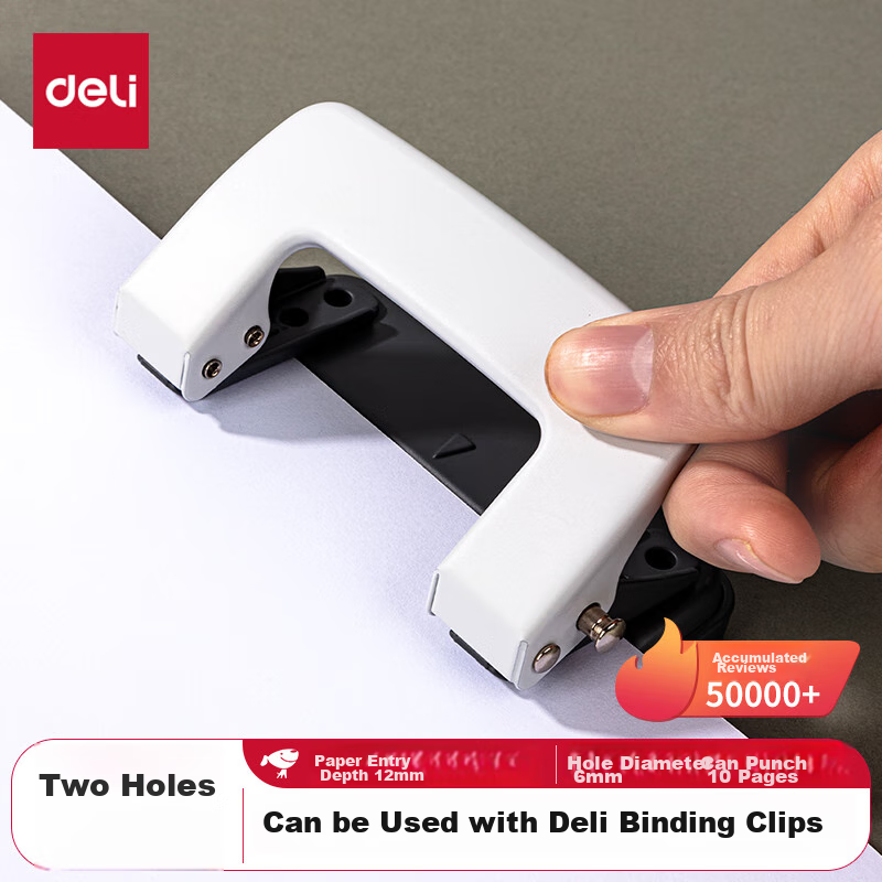 Deli 6mm Hole Puncher, 10-Sheet Capacity, Two-Hole Punch (With Ruler), Small Siz...
