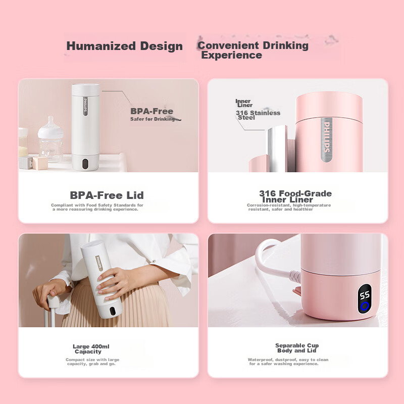 Philips Portable Electric Kettle, Thermos Cup, Travel Water Boiler, Practical Bi...