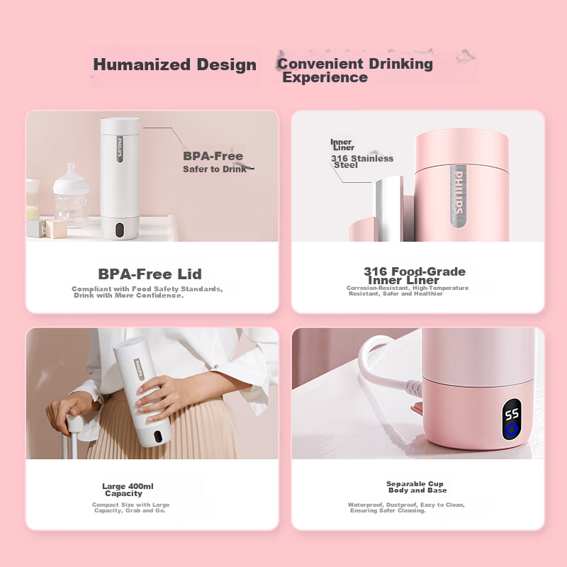 Philips Portable Electric Kettle, Thermos Cup, Travel Water Boiler, Practical Bi...