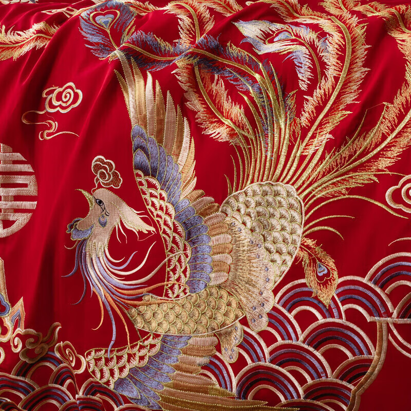 Hengyuanxiang Home Textiles Wedding Four-Piece Set Red Traditional Embroidery We...