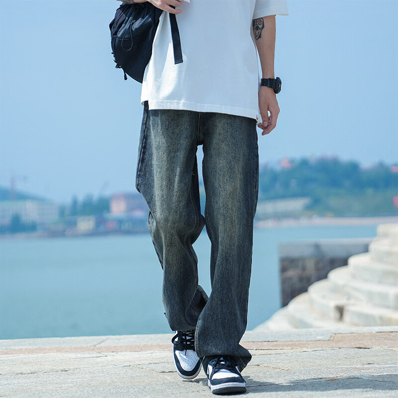 Dingfengbaoluo Stone Washed Vintage Jeans for Men, Loose-Fitting Breathable Stra...