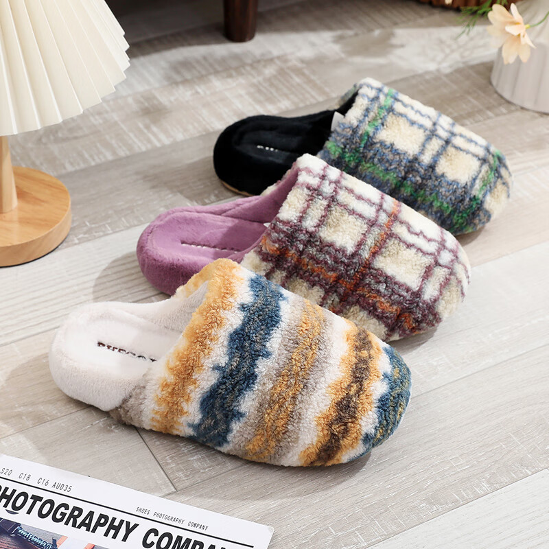 Guoluofei Autumn And Winter Felt Plaid Cotton Slippers for Men And Women, Thick-...