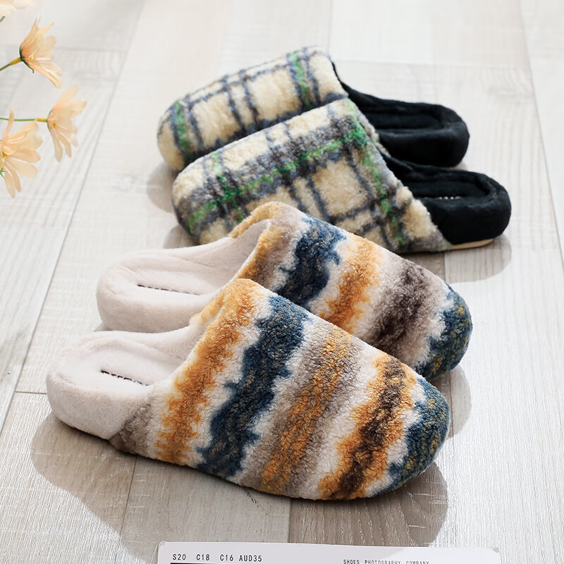 Guoluofei Autumn And Winter Felt Plaid Cotton Slippers for Men And Women, Thick-...