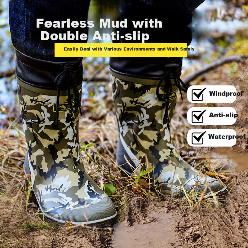 Jolly Walk Mid-Calf Camouflage Rain Boots, Rubber Waterproof Shoes, Outdoor Rain...