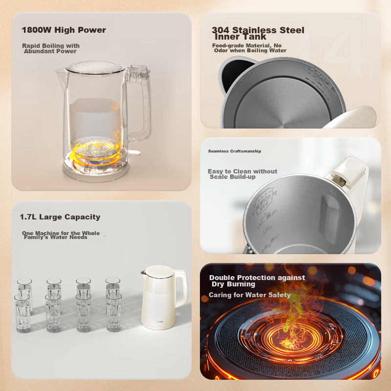 Haier Electric Kettle HSK-K617LW with 304 Double-Layer Seamless Stainless Steel...