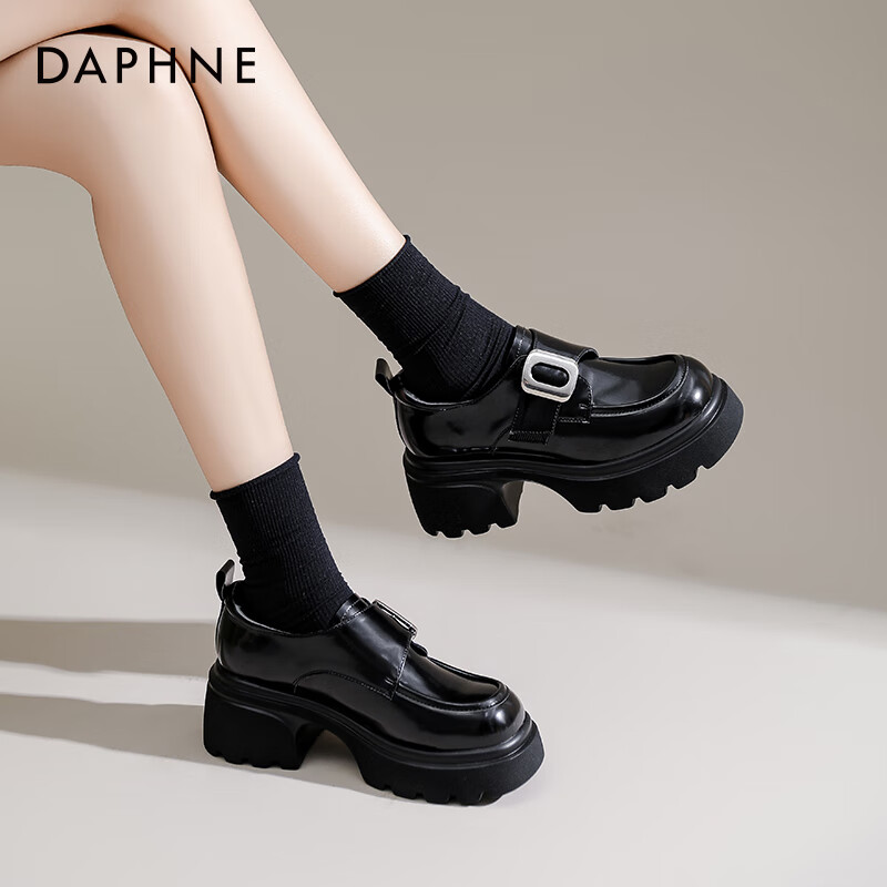 Daphne Thick-soled Loafers Women's Spring and Autumn Retro Black Small Leather S...
