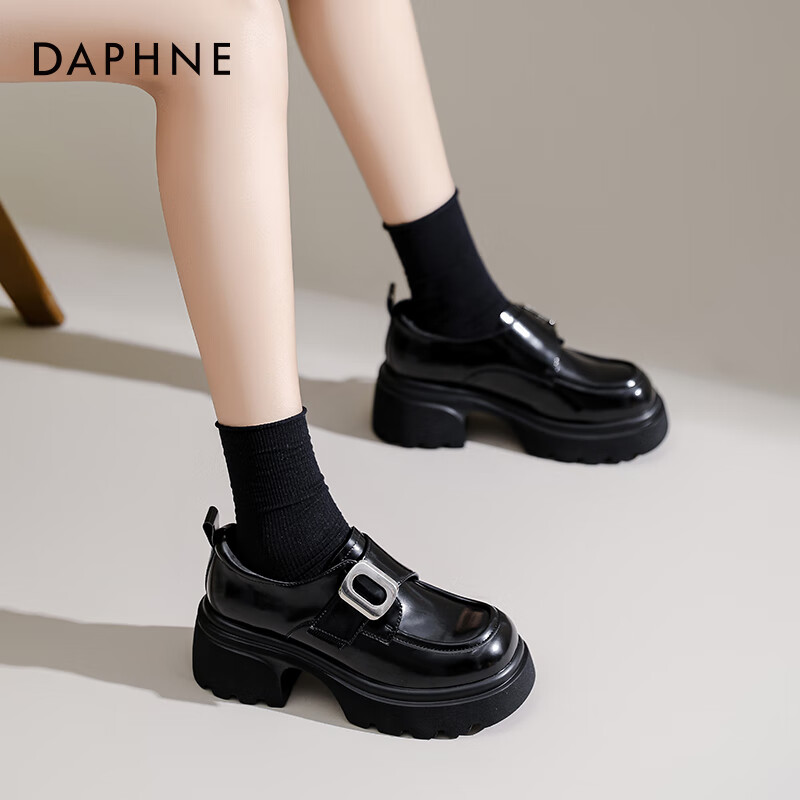 Daphne Thick-soled Loafers Women's Spring and Autumn Retro Black Small Leather S...