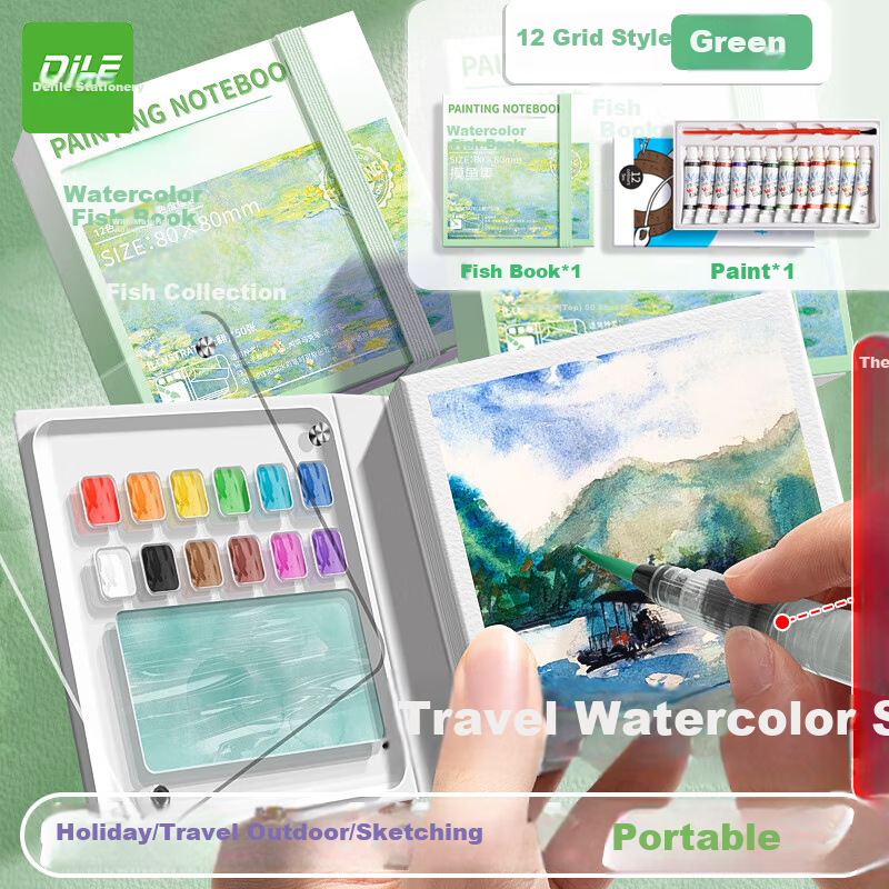DiLe Mini Watercolor 12 Grid 12 Color Paint Box Acrylic Box Solid Watercolor Pai...