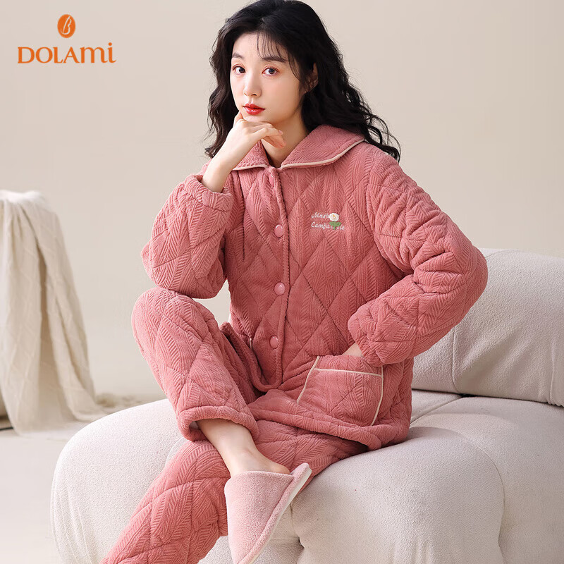 DOLAMI Women's Winter Pajamas Thickened with Cotton Long Sleeve Three-Layer Warm...