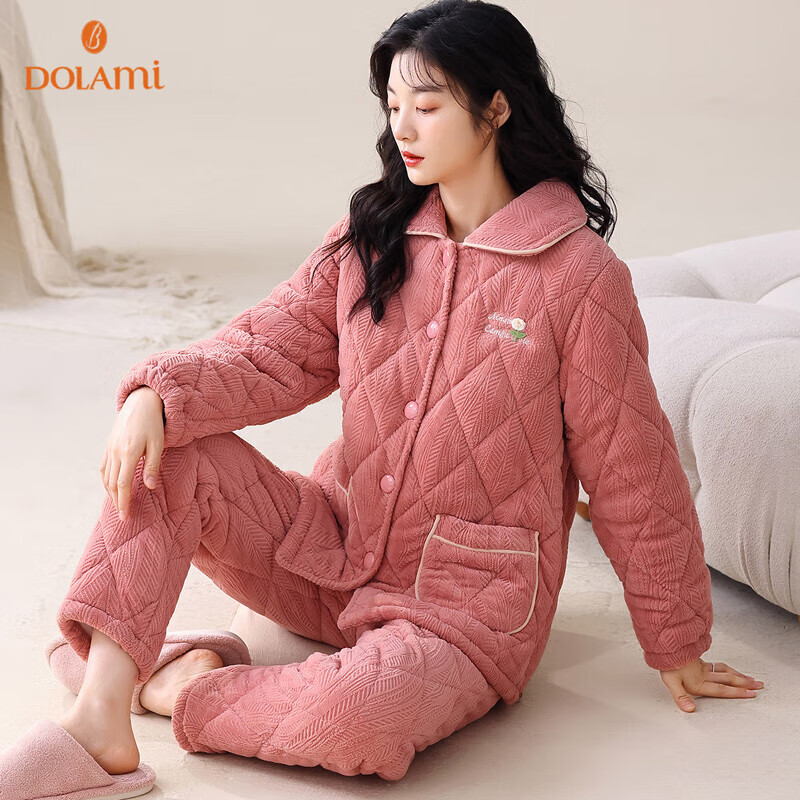 DOLAMI Women's Winter Pajamas Thickened with Cotton Long Sleeve Three-Layer Warm...