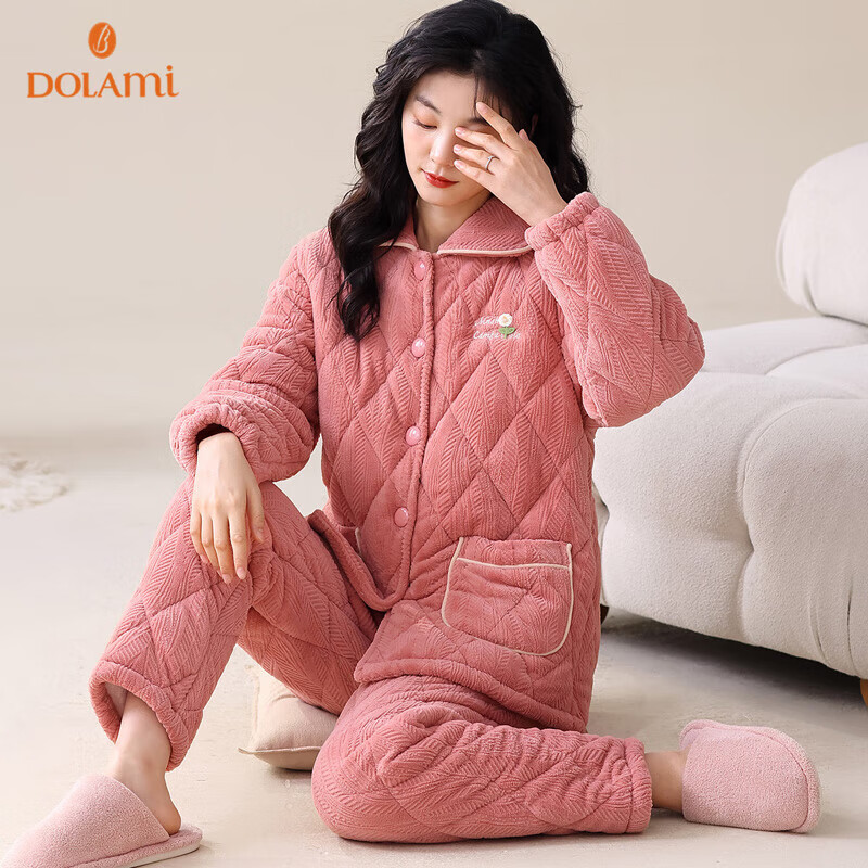 DOLAMI Women's Winter Pajamas Thickened with Cotton Long Sleeve Three-Layer Warm...