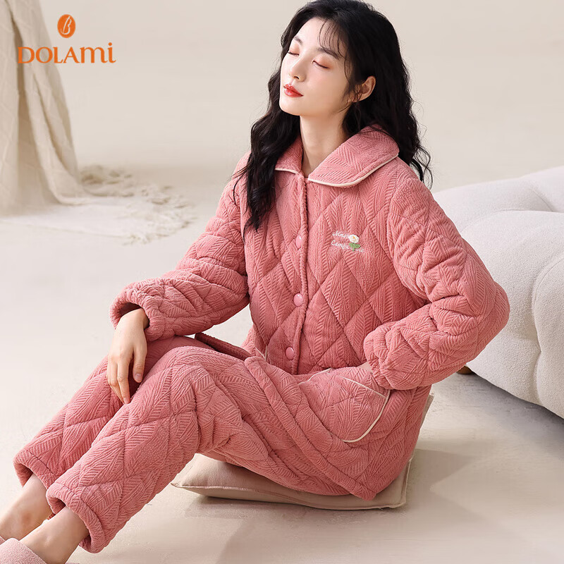 DOLAMI Women's Winter Pajamas Thickened with Cotton Long Sleeve Three-Layer Warm...