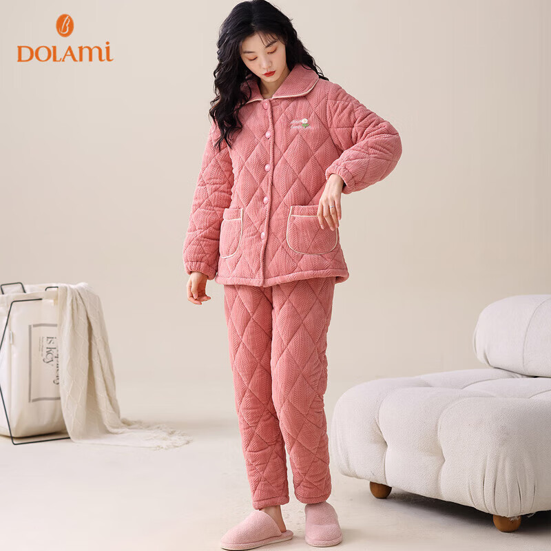 DOLAMI Women's Winter Pajamas Thickened with Cotton Long Sleeve Three-Layer Warm...