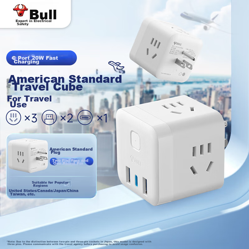 BULL 3-Prong American Standard Travel Socket Adapter, 20W Fast Charging USB Conv...