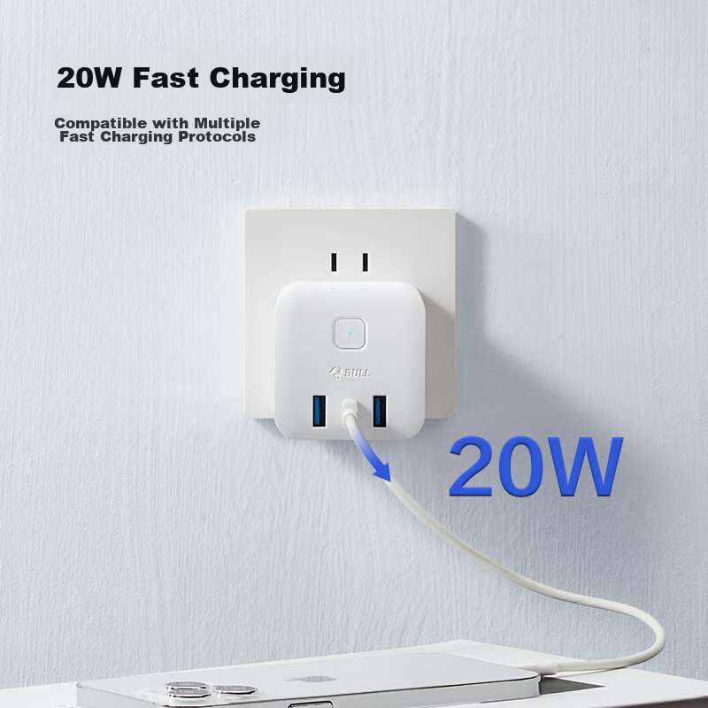 BULL 3-Prong American Standard Travel Socket Adapter, 20W Fast Charging USB Conv...