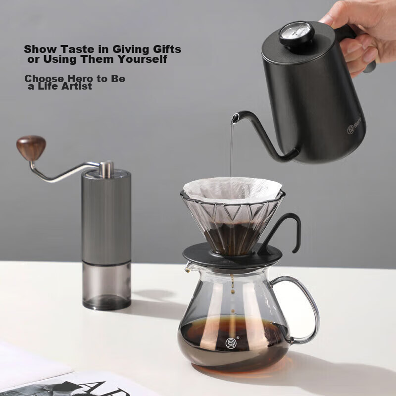 Hero Professional Pour-Over Coffee Maker Set with Coffee Pot, Grinder, Coffee Cu...