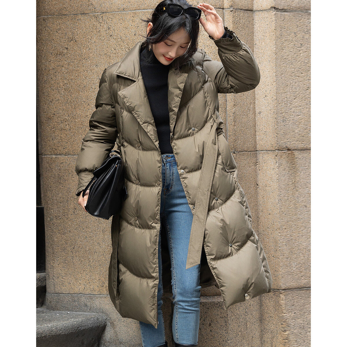 Demana Elegant Luxury Winter And Spring Yarn-Dyed 90% Duck Down Long Double-Brea...