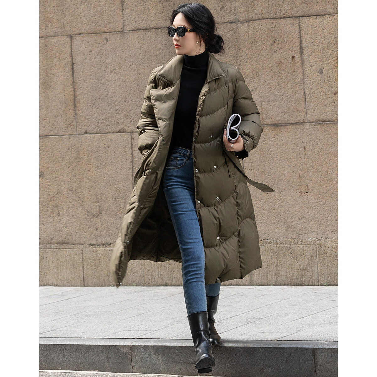 Demana Elegant Luxury Winter And Spring Yarn-Dyed 90% Duck Down Long Double-Brea...