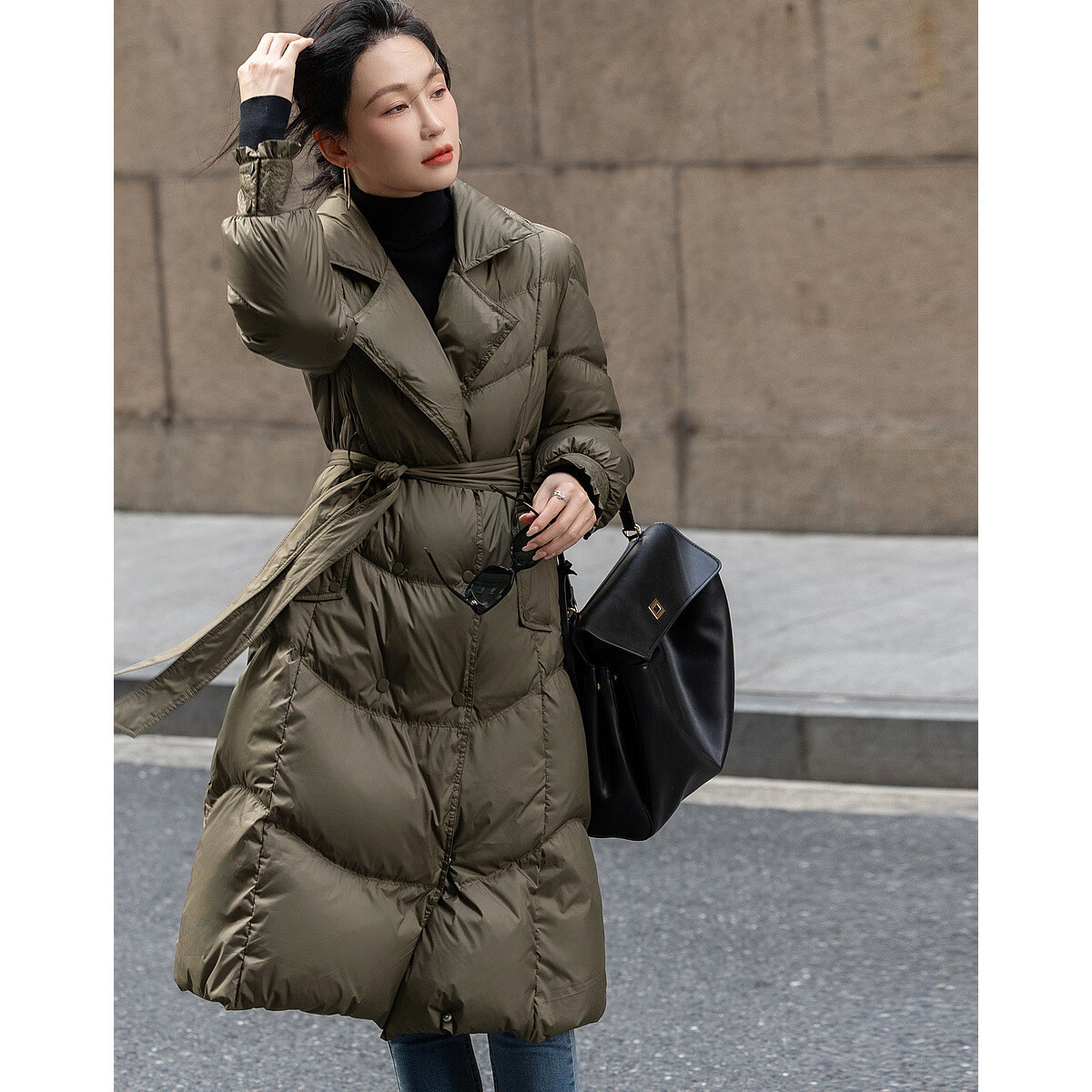 Demana Elegant Luxury Winter And Spring Yarn-Dyed 90% Duck Down Long Double-Brea...