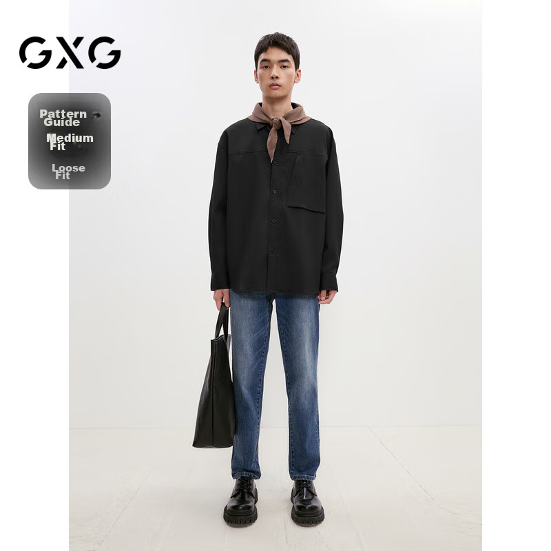 GXG Men's Clothing 2024 Pocket Design Groove Fabric Long-Sleeve Shirt, Black, 17...