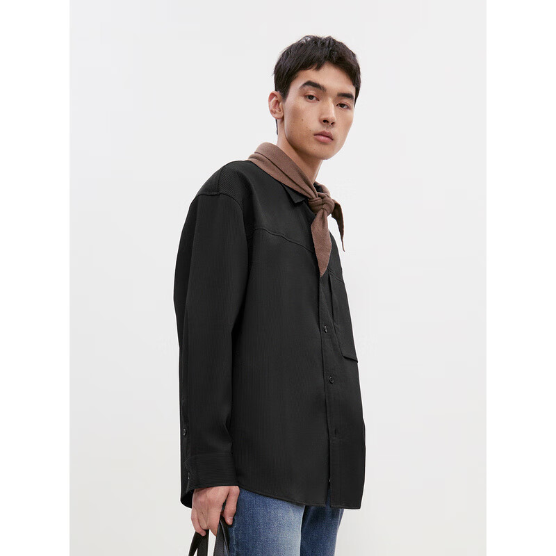 GXG Men's Clothing 2024 Pocket Design Groove Fabric Long-Sleeve Shirt, Black, 17...