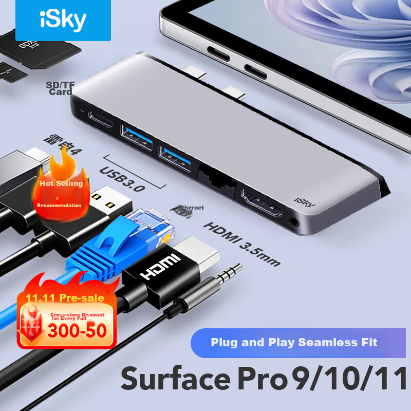 Isky Microsoft Surface Pro 9/10/11 Expansion Dock, Thunderbolt 4 High-Speed Tran...
