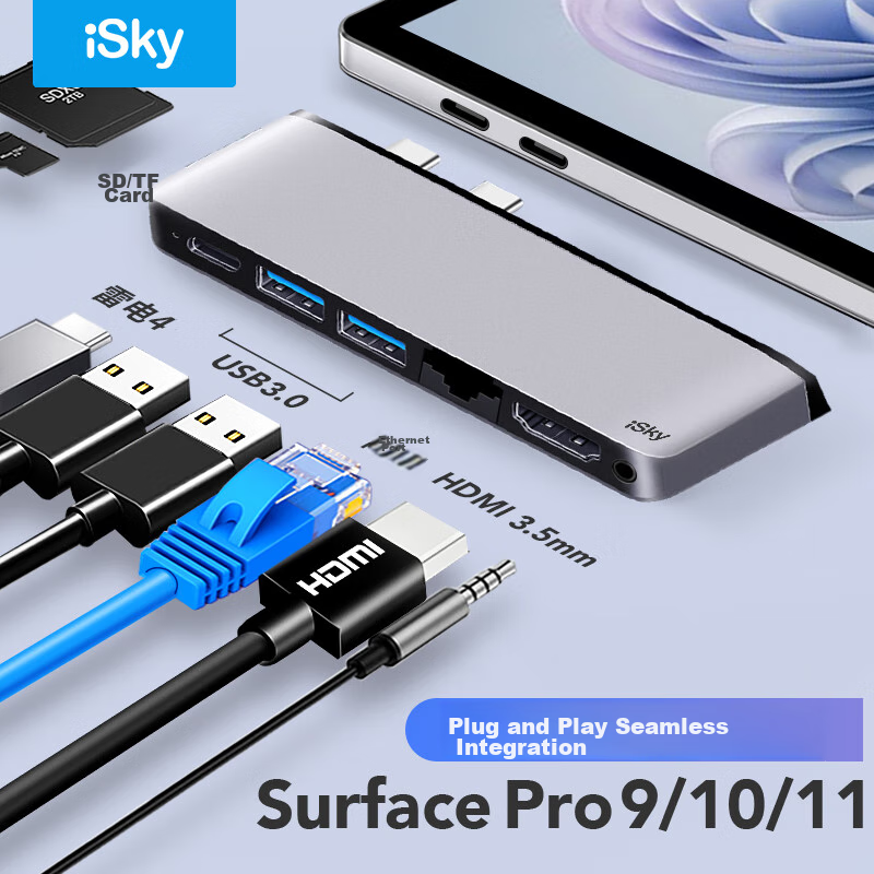 Isky Microsoft Surface Pro 9/10/11 Expansion Dock, Thunderbolt 4 High-Speed Tran...