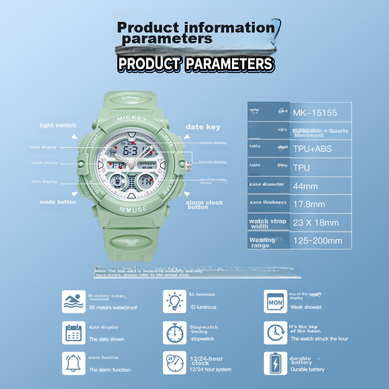 Disney Mickey Mouse Co-Branded Sports Digital Watch, Multifunctional, Luminous,...