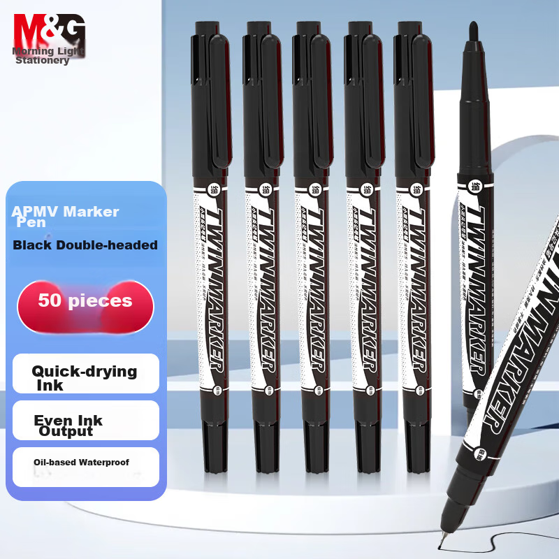 M&G Stationery, Black Dual-Tip Marker Pen, Waterproof Marker, Oil-Based Pen, Chi...