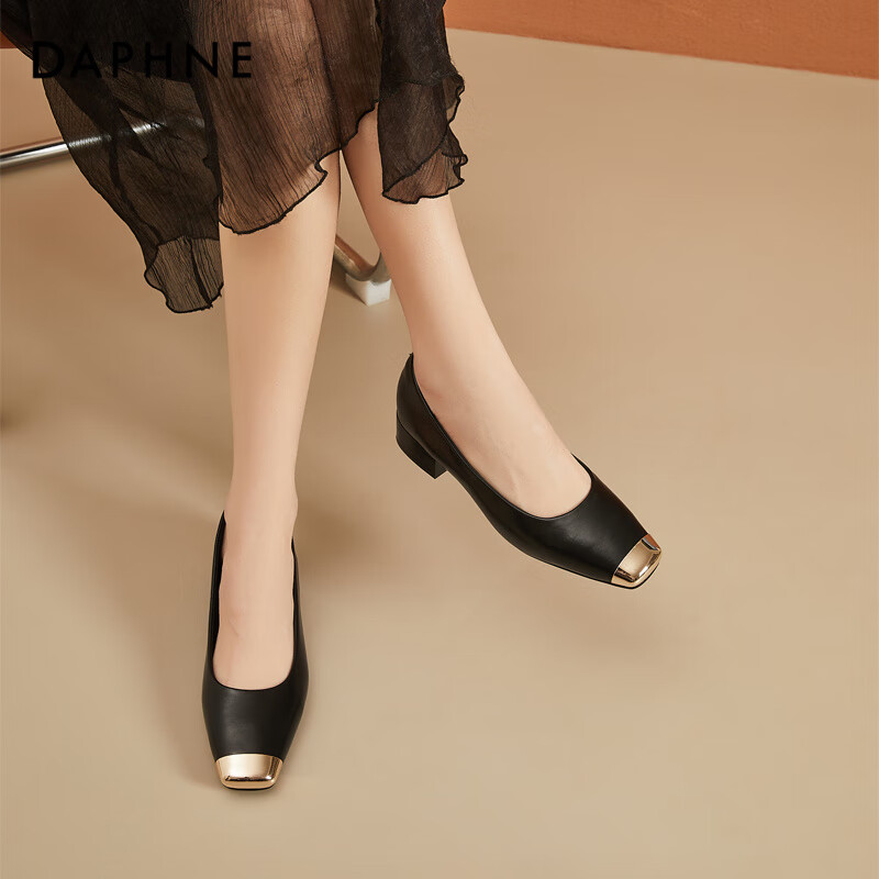 Daphne Low-Heeled Women's Single Shoes Round Head Thick Heel Small Leather Shoes...