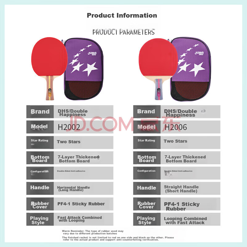 DHS (Double Happiness) Two-Star Straight Handle Table Tennis Racket (Fast Shippi...