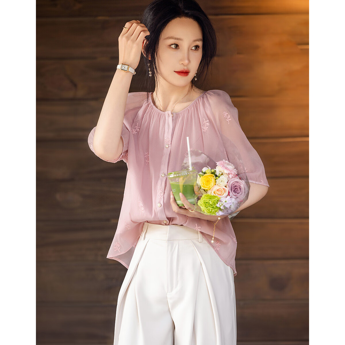 DME Lazy Style Doll Collar Short Sleeve Embroidered Shirt Women's Top Pink L