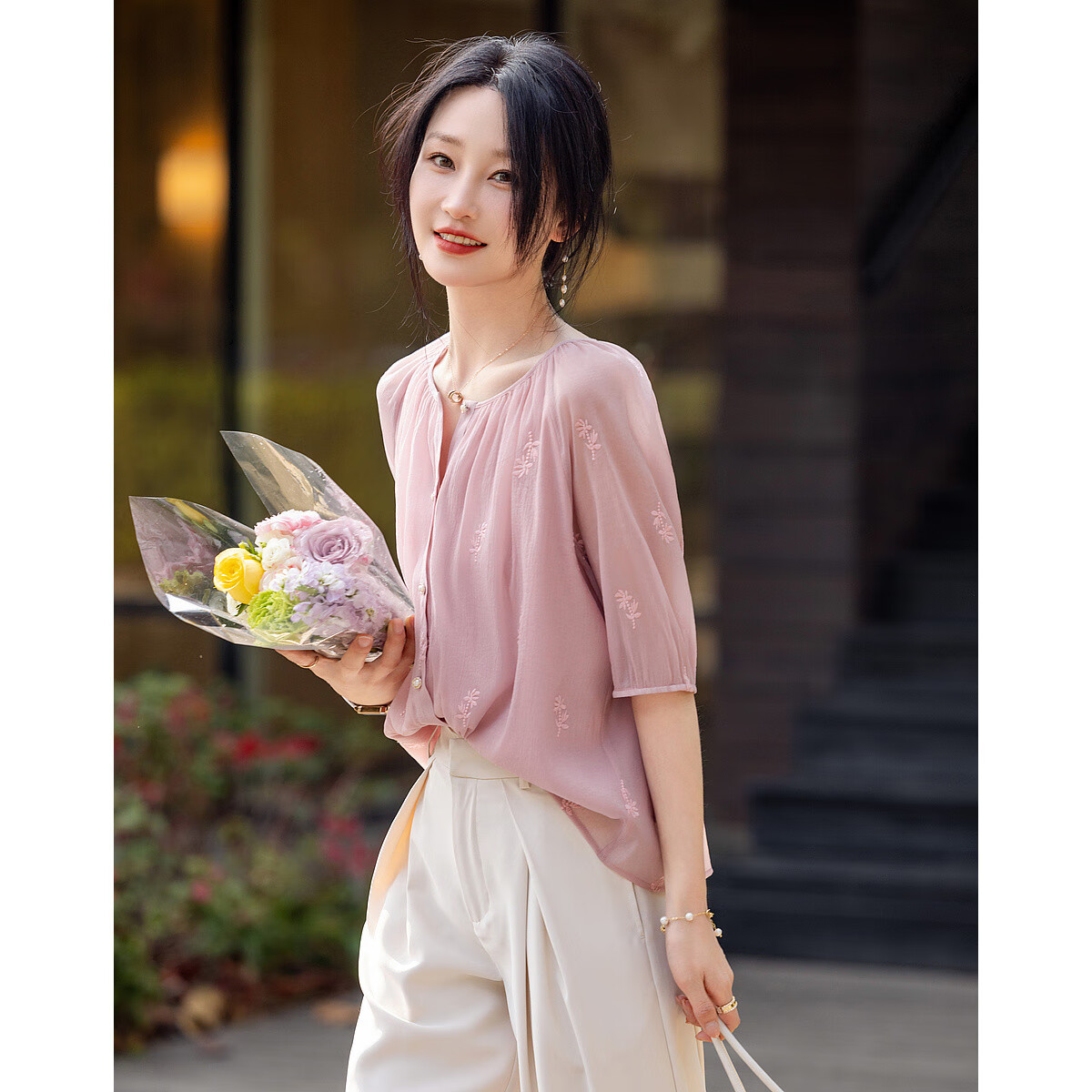 DME Lazy Style Doll Collar Short Sleeve Embroidered Shirt Women's Top Pink L