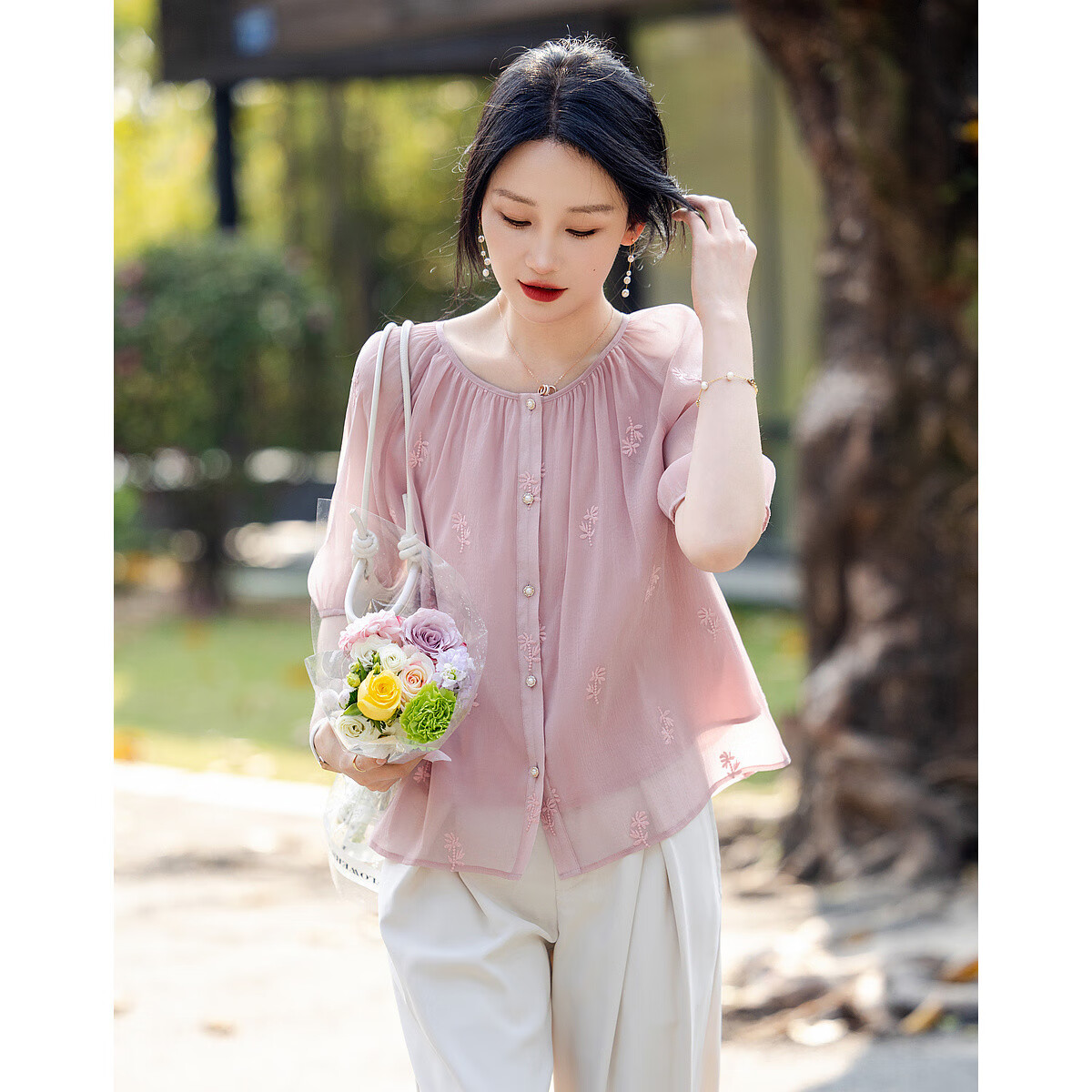 DME Lazy Style Doll Collar Short Sleeve Embroidered Shirt Women's Top Pink L