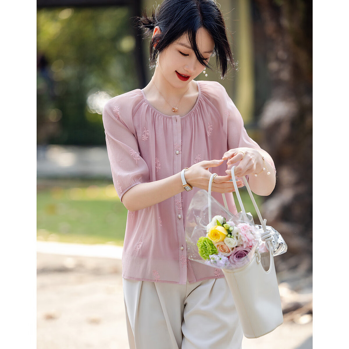 DME Lazy Style Doll Collar Short Sleeve Embroidered Shirt Women's Top Pink L