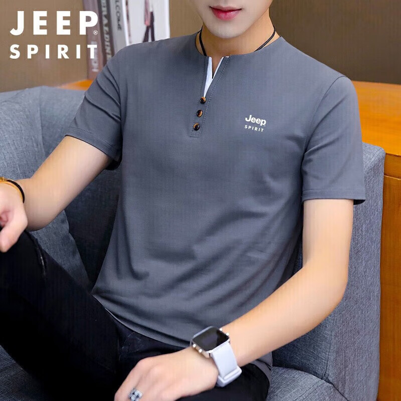 JEEP SPIRIT Men's T-Shirt, Summer Short-Sleeve, V-Neck, Solid Color, Breathable...