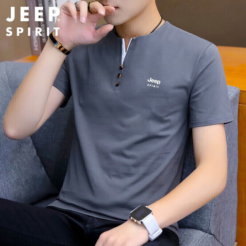JEEP SPIRIT Men's T-Shirt, Summer Short-Sleeve, V-Neck, Solid Color, Breathable...