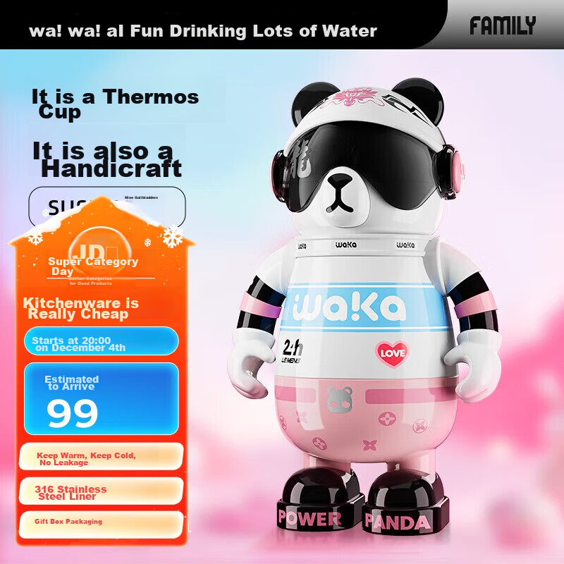 Waka Waka Panda Insulated Cup, Children's Water Bottle, 316 Stainless Steel Stud...