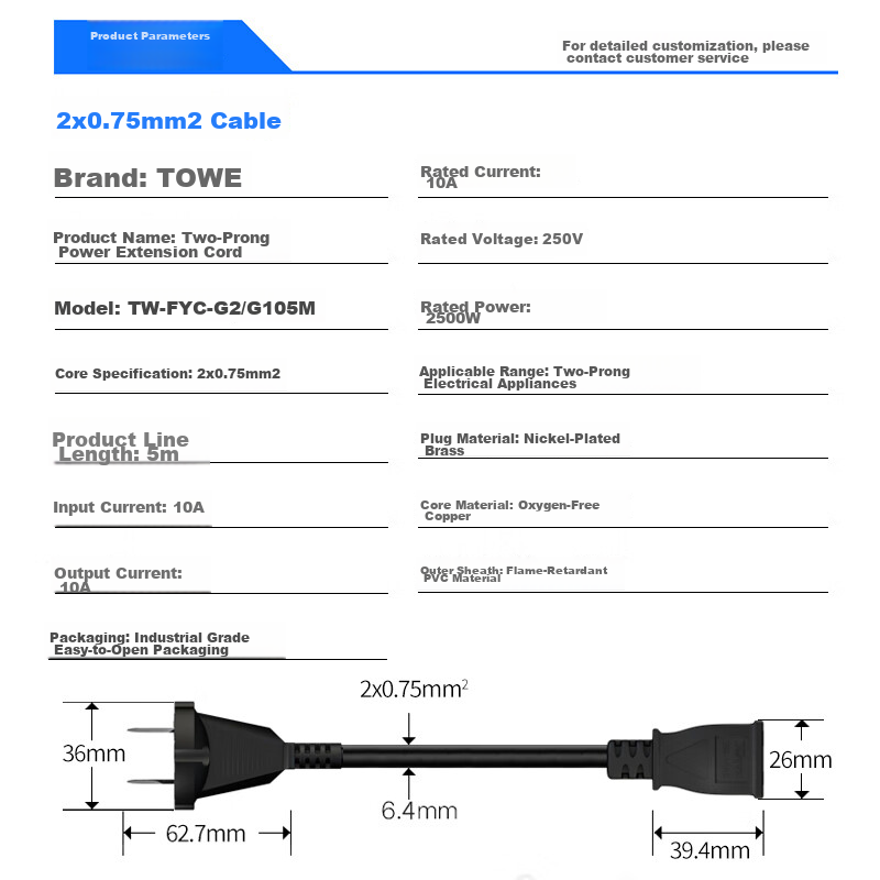TOWE 10A2 Extension Cord with Two Plugs, Power Strip for Electric Vehicles, Air...
