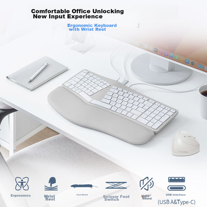 SANWA SUPPLYERG5 101-Key Wired Keyboard, Ergonomic Membrane Keyboard, 3 USB Port...