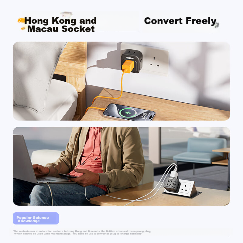 TESSAN 2-Prong UK to Hong Kong Travel Adapter / Hong Kong Converter Plug, Suitab...