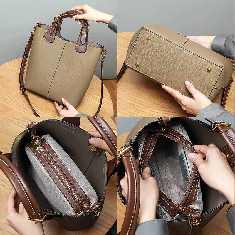 Viney Leather Handbag for Women, Large Capacity Bucket Bag, Light Luxury Tote Cr...