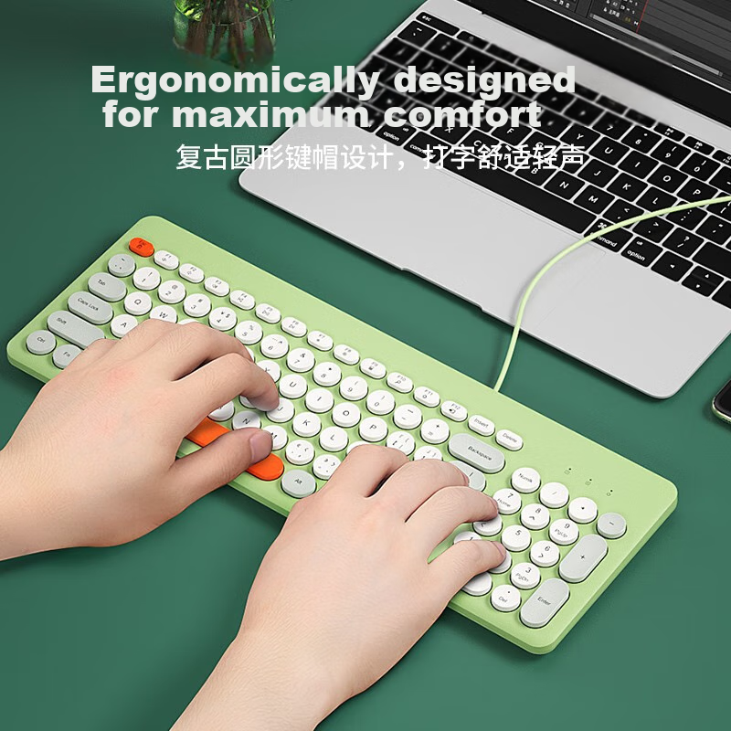 B.O.W Hangshi K221U Wired Keyboard, Retro Round Keycap Keyboard, Office Laptop D...