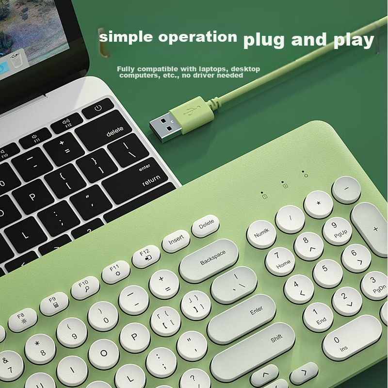 B.O.W Hangshi K221U Wired Keyboard, Retro Round Keycap Keyboard, Office Laptop D...