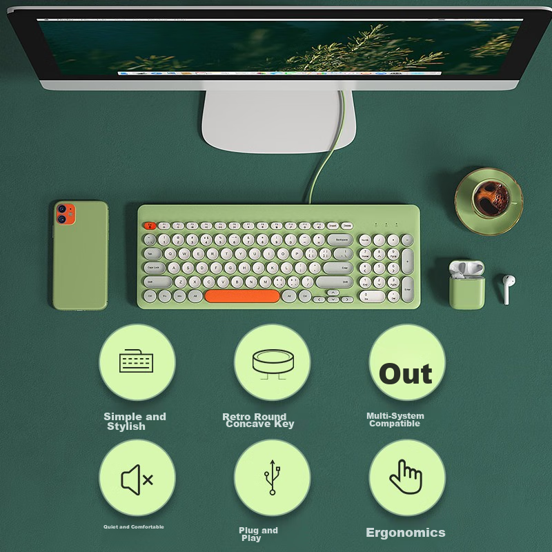 B.O.W Hangshi K221U Wired Keyboard, Retro Round Keycap Keyboard, Office Laptop D...