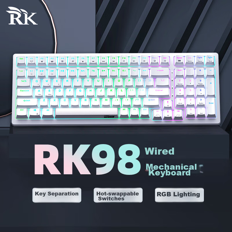 RK98 Mechanical Keyboard, Wired Keyboard, Gaming Keyboard, 100 Keys, 98 Layout,...