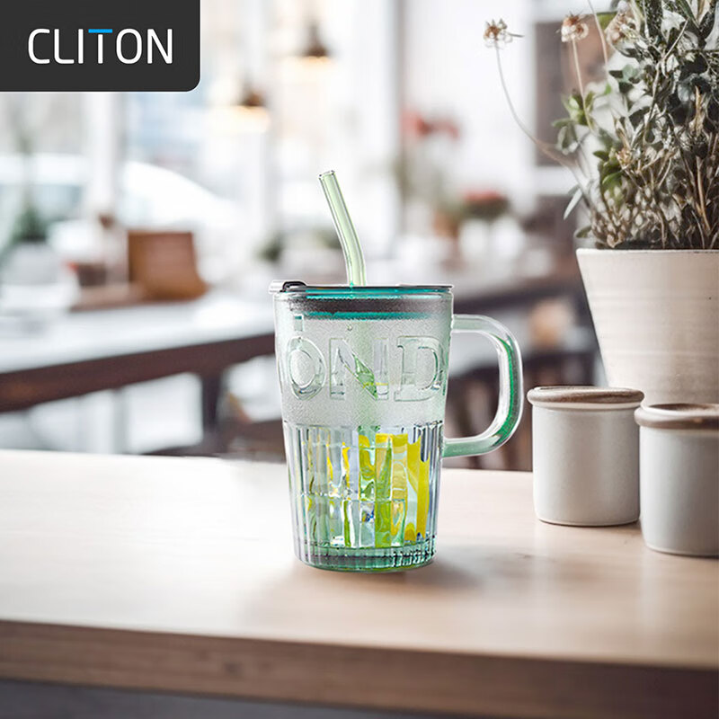 CLITON Embossed Glass Straw Cup Office Water Cup Coffee Cup Men and Women Studen...